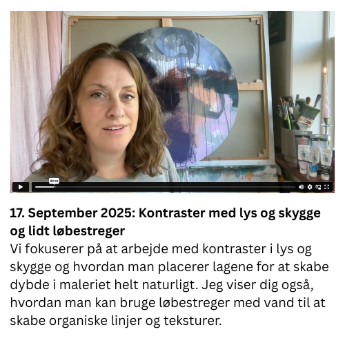 Vi fokuserer på at arbejde med kontraster i lys og skygge og hvordan man placerer lagene for at skabe dybde i maleriet helt naturligt. Jeg viser dig også, hvordan man kan bruge løbestreger med vand til at skabe organiske linjer og teksturer.